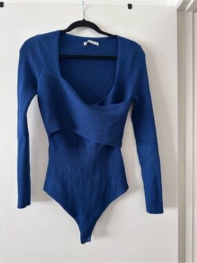 Abercrombie & Fitch Ribbed Wrap Long-Sleeve Royal Blue Bodysuit